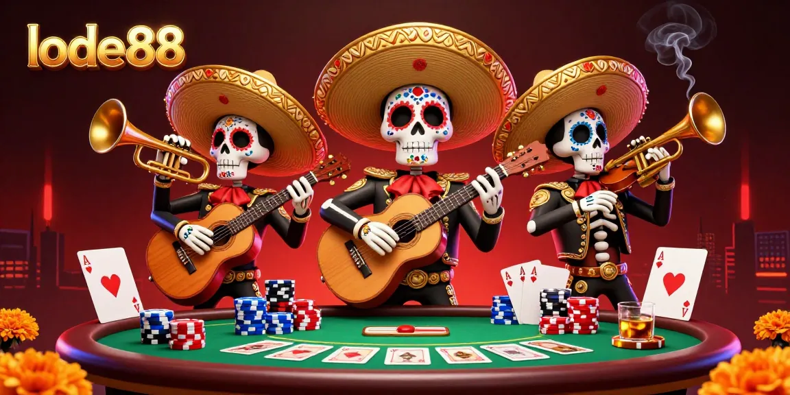 Engage in high-stakes poker action at lode88 with vibrant skeleton mariachi characters and colorful chips.