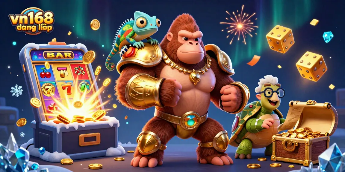 Experience vn168 đăng nhập with a powerful gorilla in armor and colorful casino elements bursting with excitement.