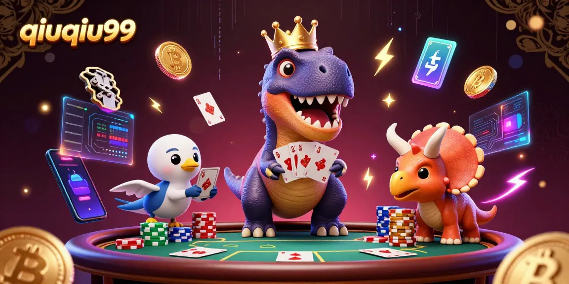 Engage in thrilling QiuQiu99 gameplay with a T-Rex and friends in a vibrant casino scene.