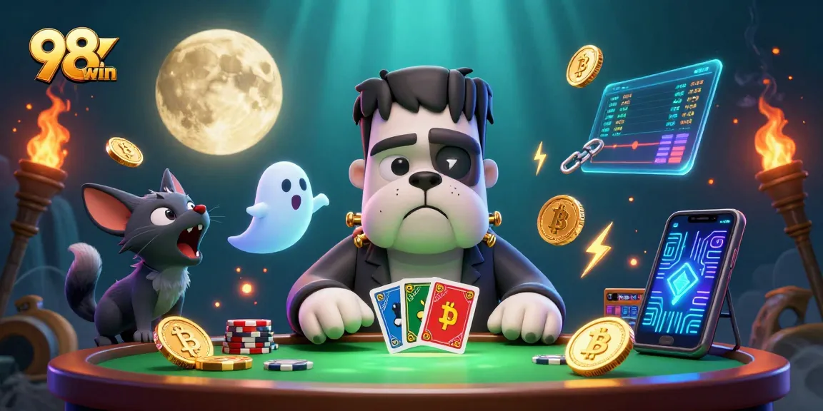 Experience thrilling gameplay with 98win at a spooky casino table featuring vibrant 3D characters.