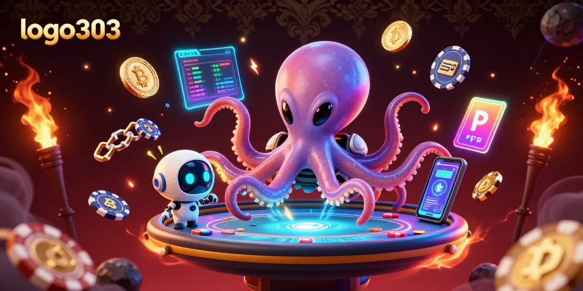 logo303 menampilkan alien gurita memimpin permainan poker holografik dengan kegembiraan.
