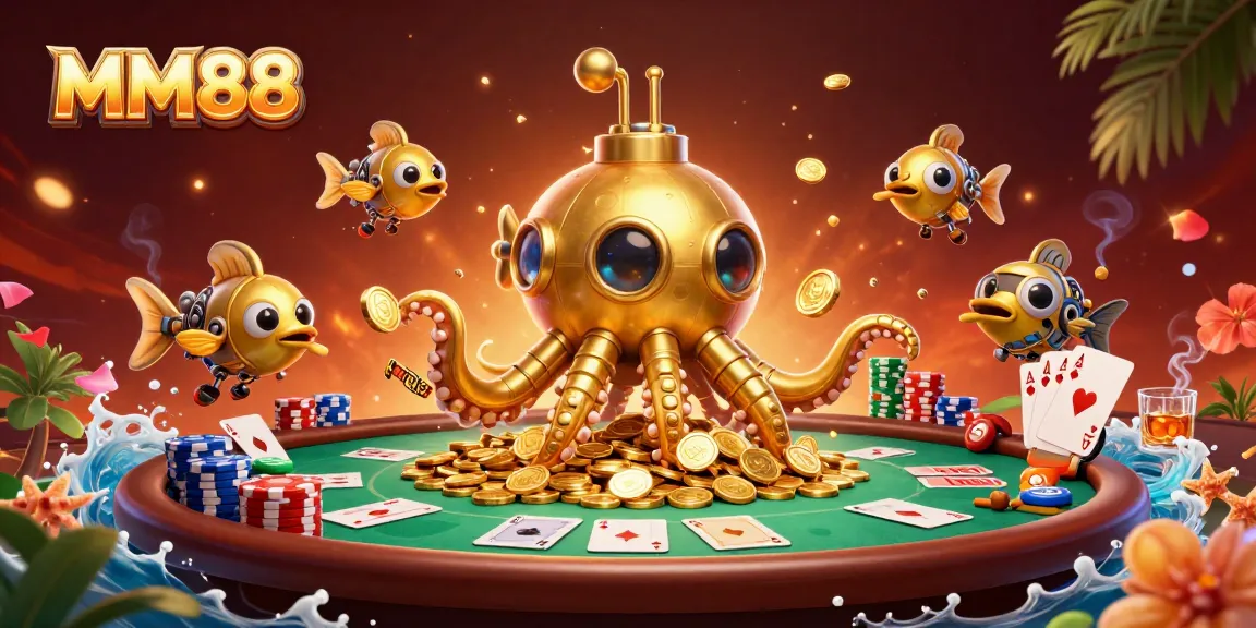 Experience thrilling MM88 gameplay with our 3D kraken submarine diving into golden coins surrounded by poker elements.