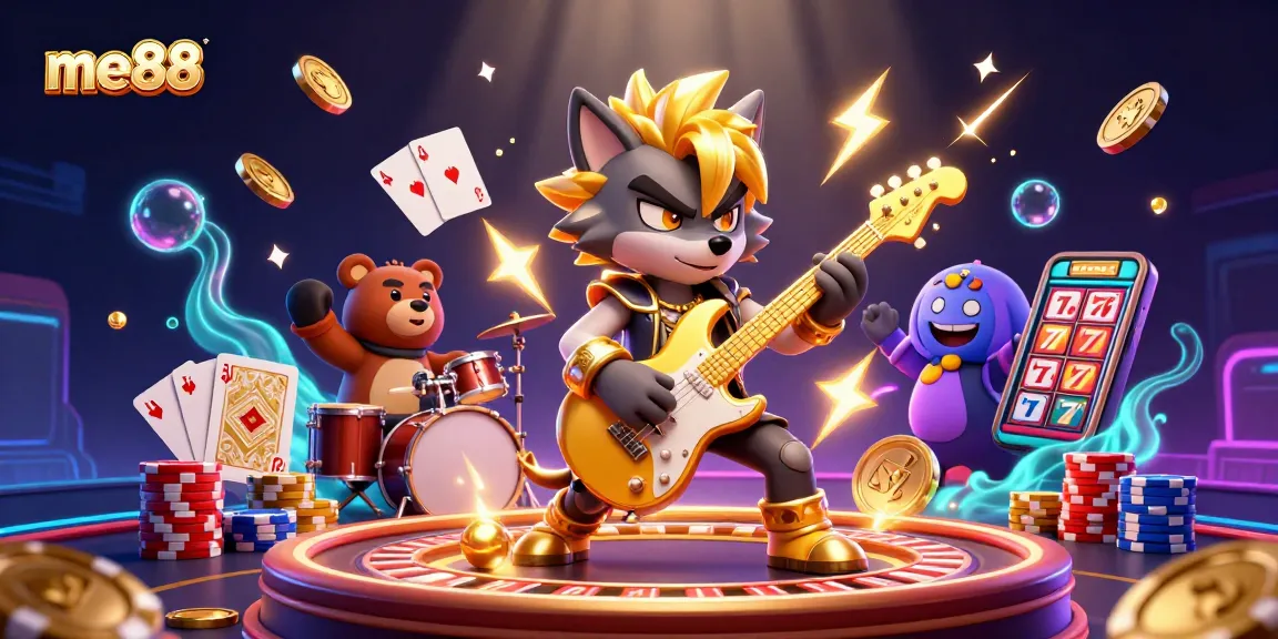 Experience me88's thrilling casino excitement with lively characters and sparkling elements.