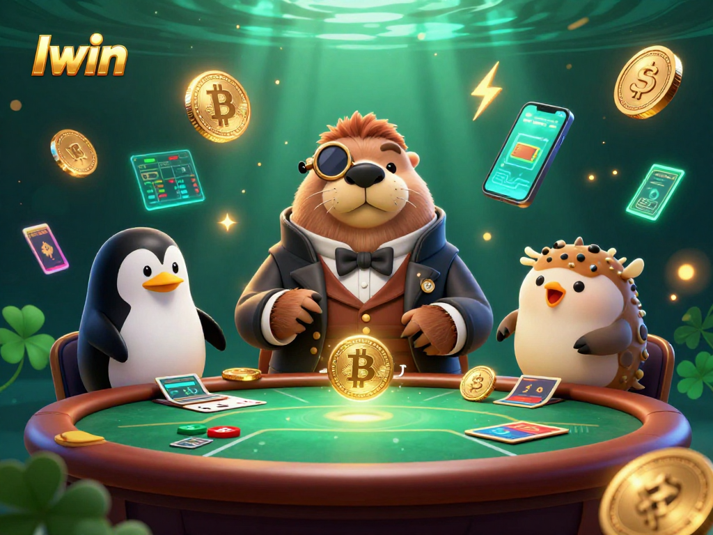 Iwin delivers thrilling casino action as a walrus plays poker in a vibrant underwater setting.