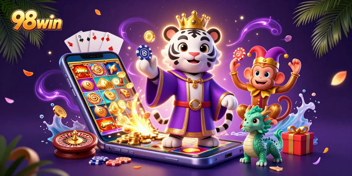 Experience thrilling slots and jackpots at 98win with vibrant characters and casino elements.