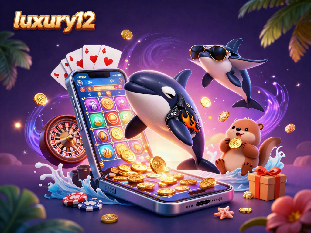 luxury12 menampilkan karakter orca dan tupai laut dalam aksi perjudian dengan koin emas, menciptakan suasana permainan yang menyenangkan.