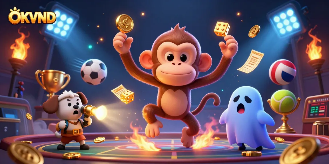 Engage in thrilling gaming fun with OKVND's haunted casino, featuring dynamic golden elements and energetic characters.