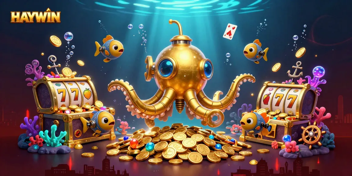 HAYWIN showcases a vibrant underwater-themed casino scene with golden kraken and slot reels for gamers.