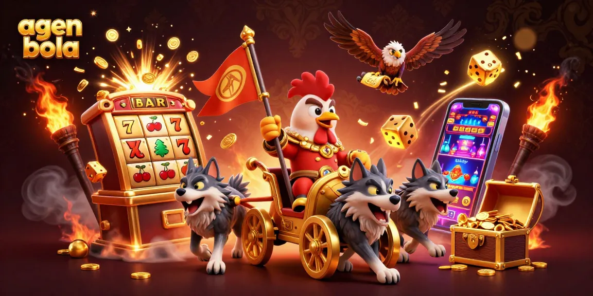 Experience thrilling agen bola action in a vibrant 3D illustration filled with casino elements.