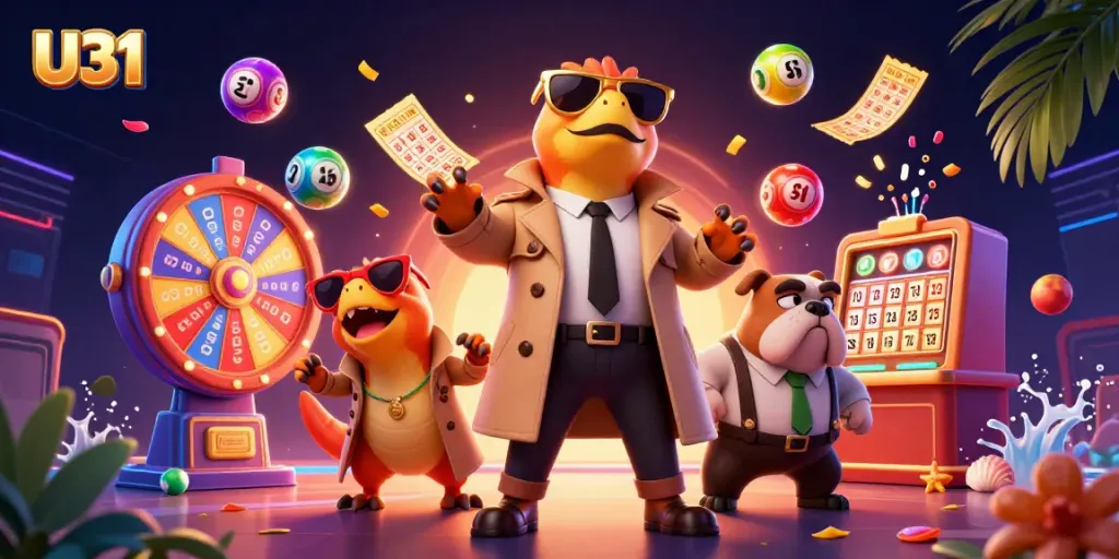 Engage with U31's thrilling casino adventures featuring three raptors in disguise entering a VIP lounge.