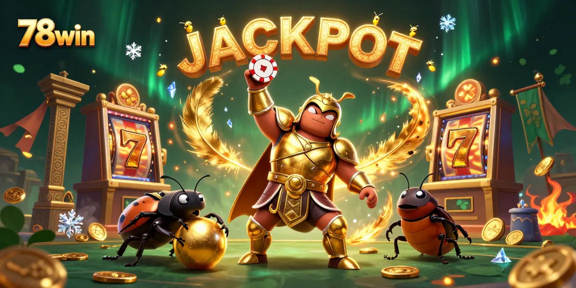 Join the action with 78win as the victorious beetle raises a poker chip in an exhilarating online gaming scene.