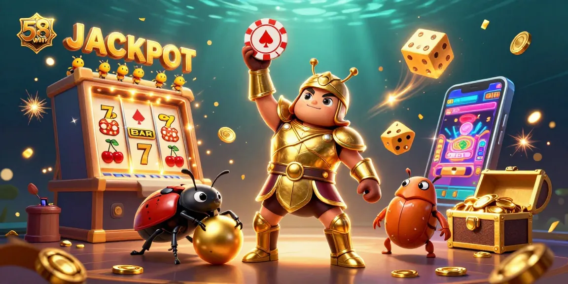 Engage with 58win's thrilling jackpot scene featuring dynamic casino elements and vibrant characters.