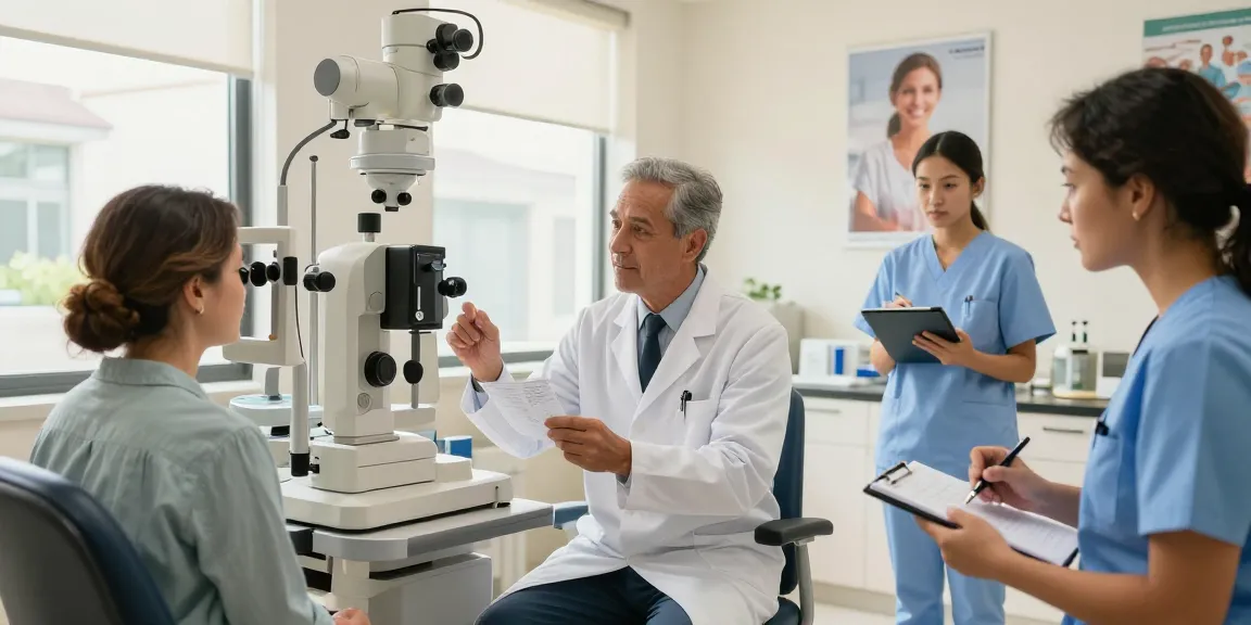 Comprehensive eye care examination at SNU Eye Clinic in Seoul, showcasing patient interaction and advanced equipment.