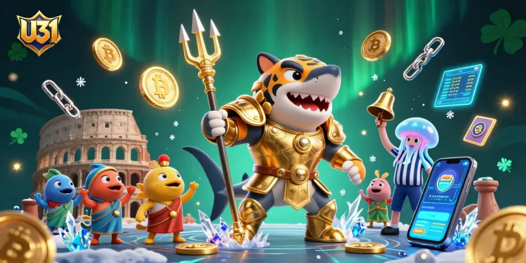 Join the excitement at U31 with a vibrant underwater casino scene featuring a gladiator shark, coins, and crypto elements.