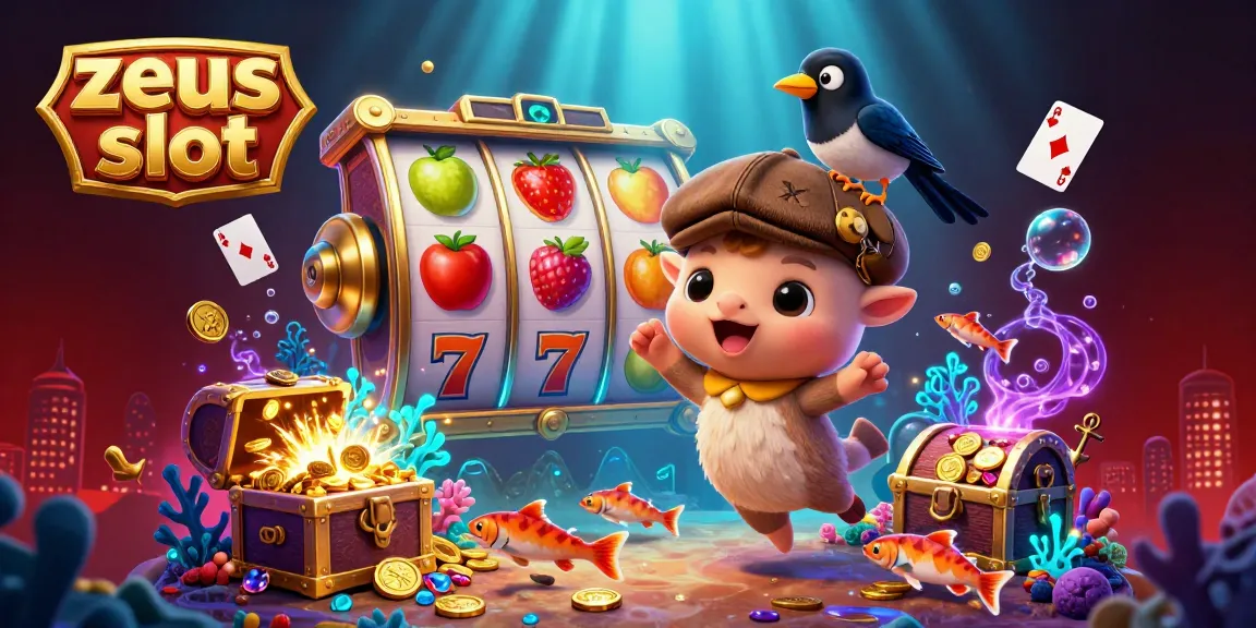 Play zeus slot and enjoy a vibrant 3D scene with adorable characters and sparkling casino elements.