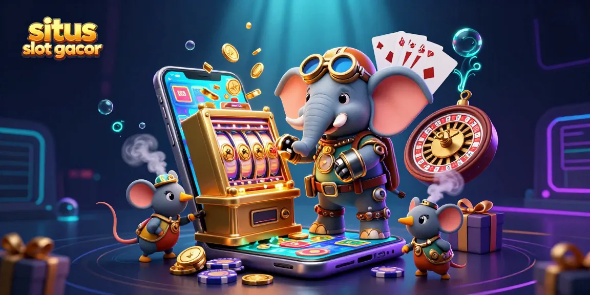 Slot gacor yang menarik dengan elemen mesin slot dan karakter imajinatif dalam suasana kasino yang menawan.
