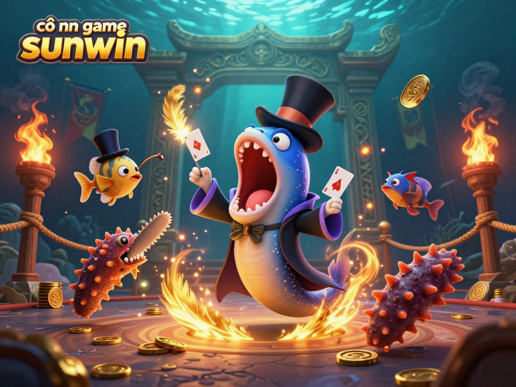 Cổng game sunwin features a magical underwater scene with a gulper eel performing tricks, anglerfish spotlighting, and a sea cucumber in an aquatic casino.