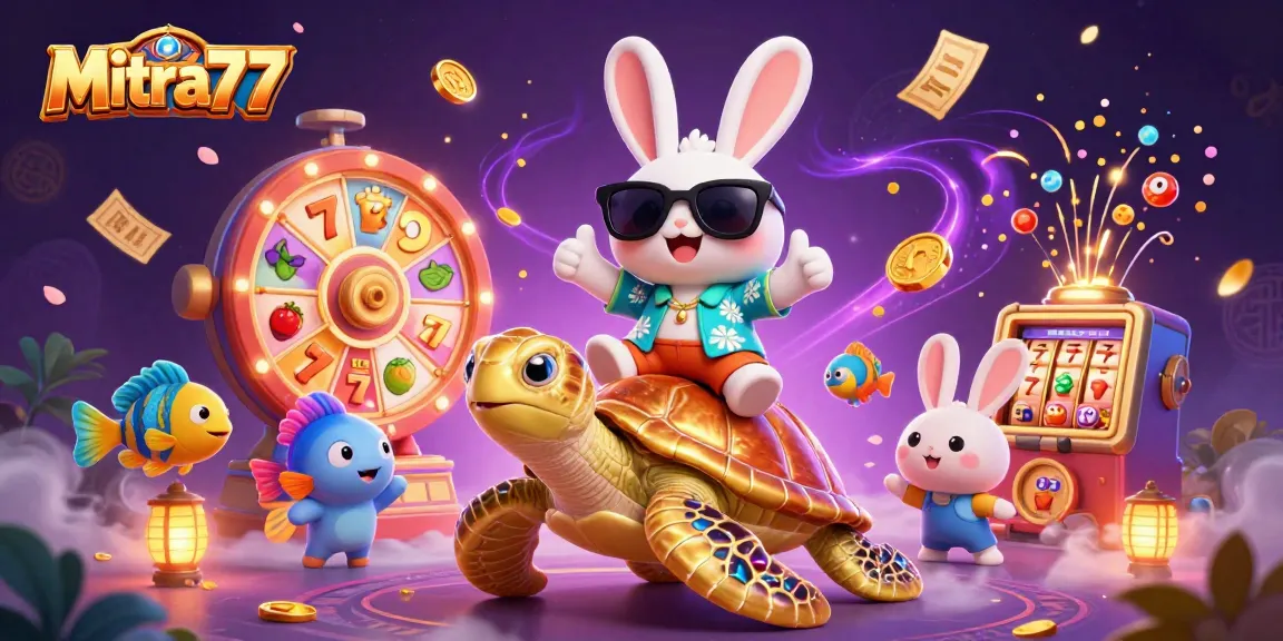 Menangkan jackpot dengan Mitra77, rabbit beruntung dan kura-kura emas mengelilingi permainan slot yang menggiurkan.