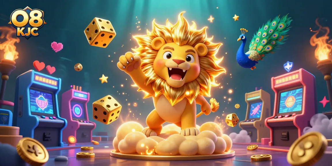Join the thrilling world of O8 KJC with a golden lion and vibrant casino elements.