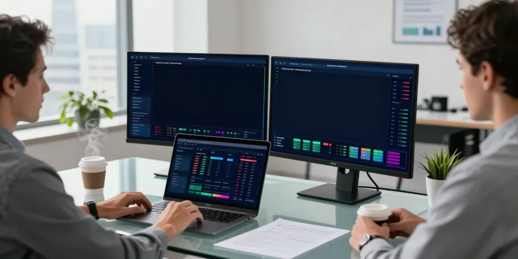 OperatoriuGidas data review by an analyst in a modern office setting, showcasing professional evaluation processes in the gambling industry.