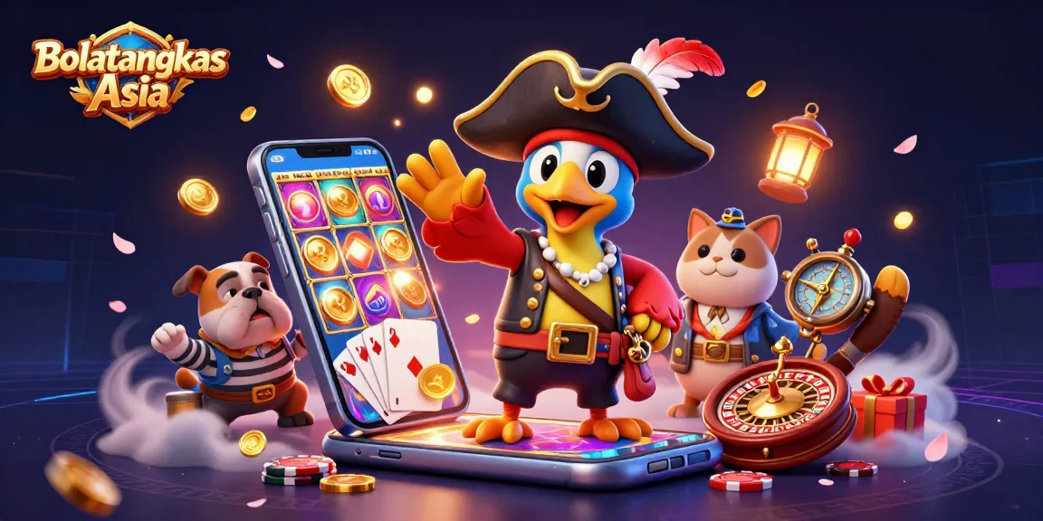 Engage with Bolatangkas Asia as the pirate captain and friends celebrate gaming wins with vibrant casino elements.