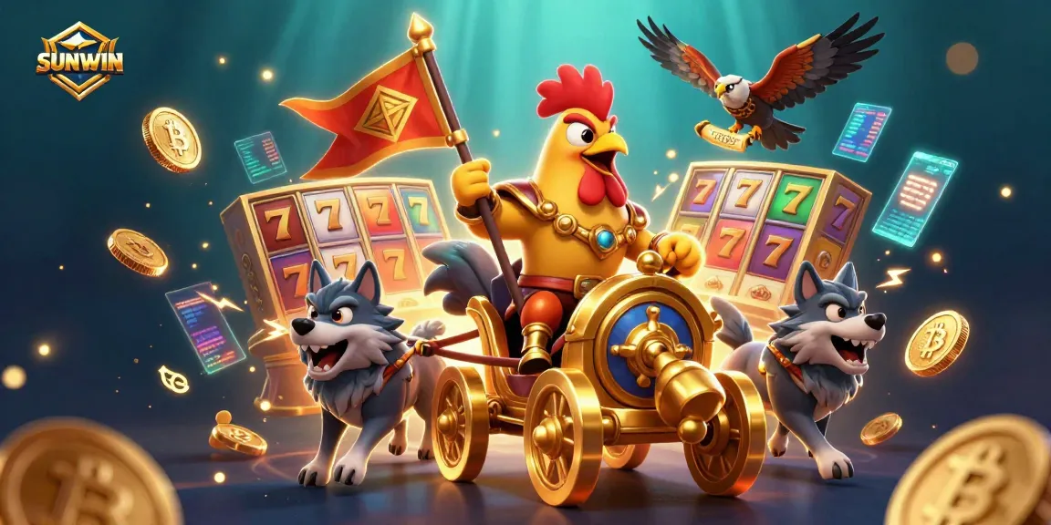 SUNWIN slots come alive in a dazzling 3D illustration featuring a rooster warlord and golden game elements.