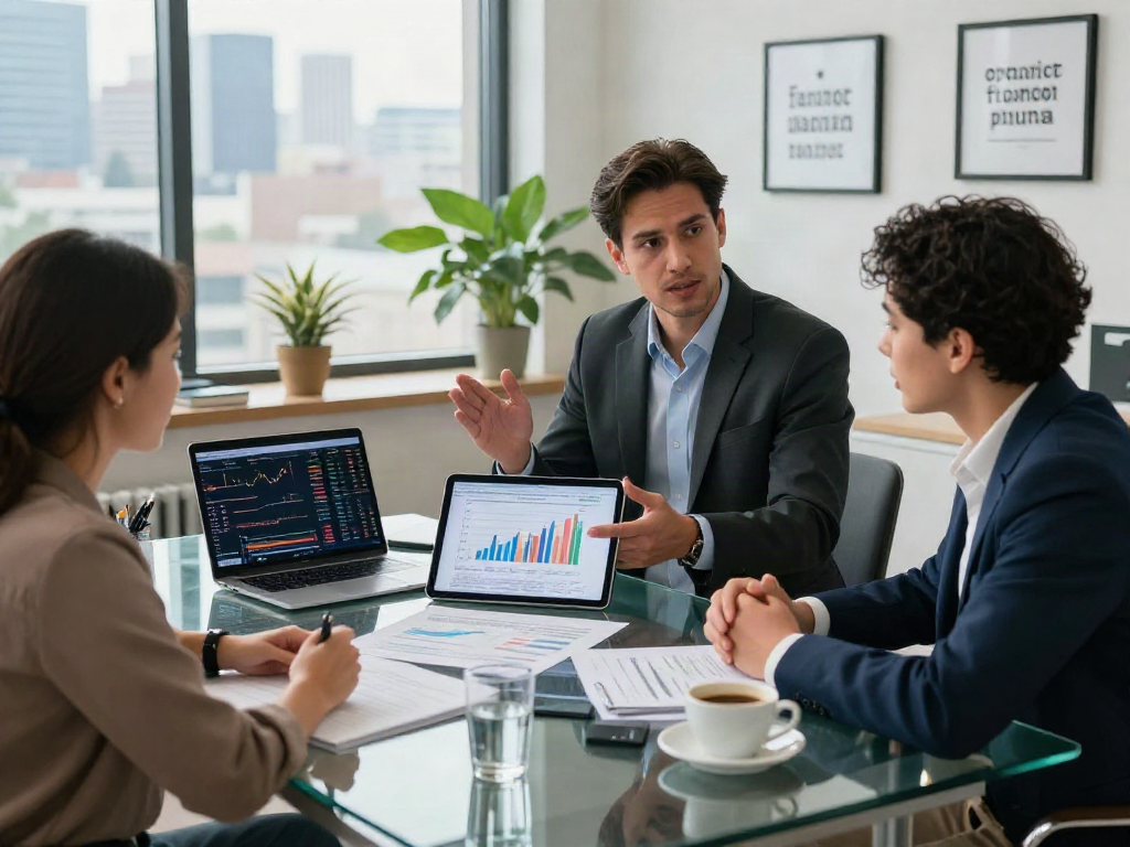 Financial advisor discussing how to deposit 10k effectively during a consultation, showcasing investment strategies and documents for potential clients.