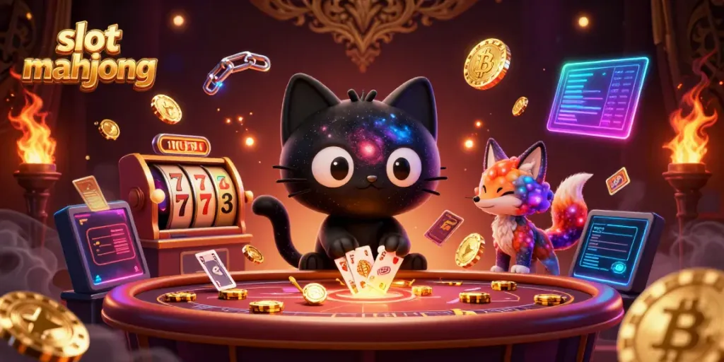 Menggoda dengan slot mahjong, kucing hitam galaksi kasinonya menarik chip emas dan kartu.