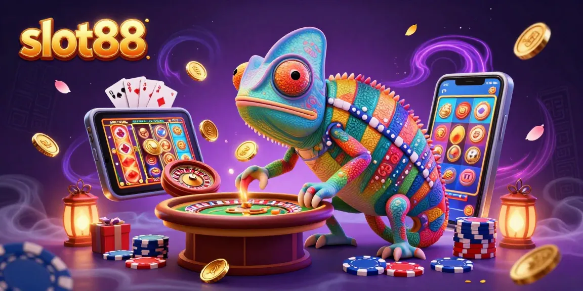 Slot88 memikat dengan ilustrasi kasino yang penuh warna dan koin emas meledak dari layar ponsel.