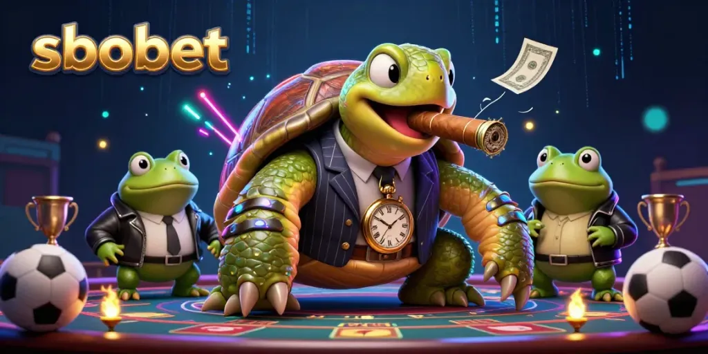 Engaging sports betting illustration featuring sbobet with a snapping turtle in mobster attire and two bullfrog enforcers.