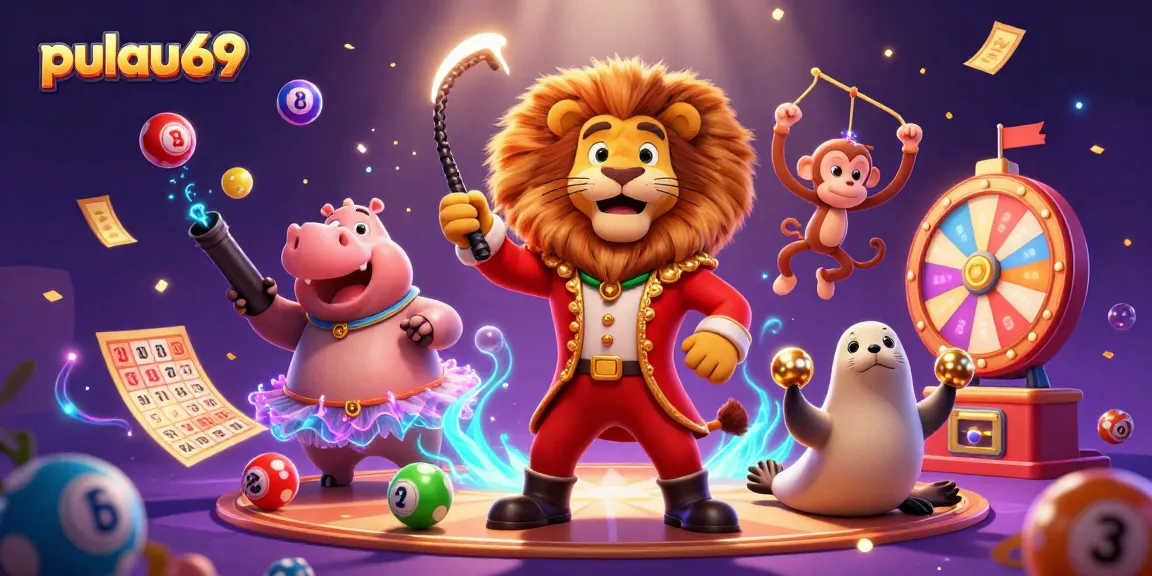 Engage with pulau69's vibrant gambling scene featuring animated circus characters among lottery and bingo elements.