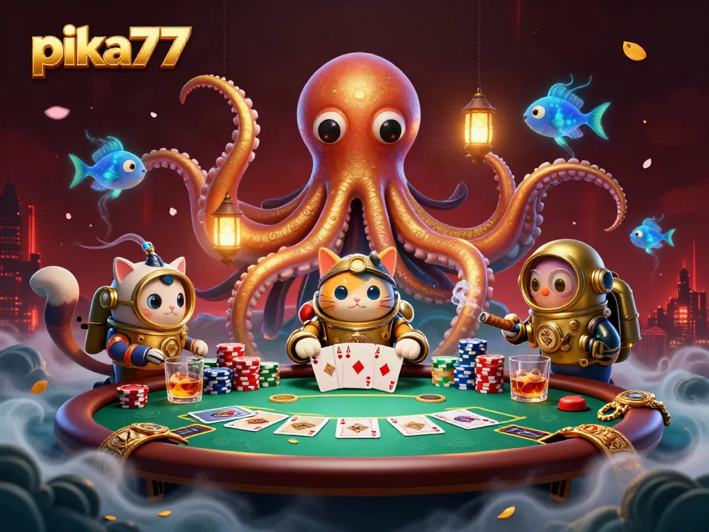 Engage in thrilling poker action at pika77's vibrant casino featuring a kraken and diving cat.