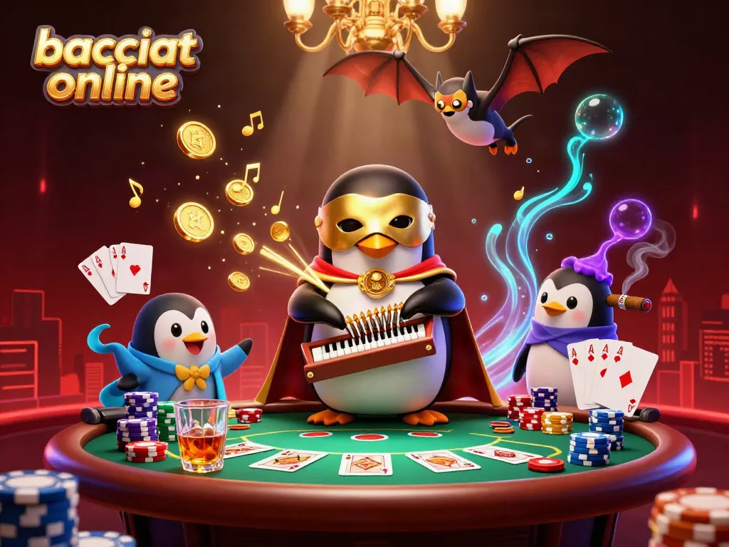 Experience baccarat online with animated penguins and musical elements showcasing exciting gameplay.