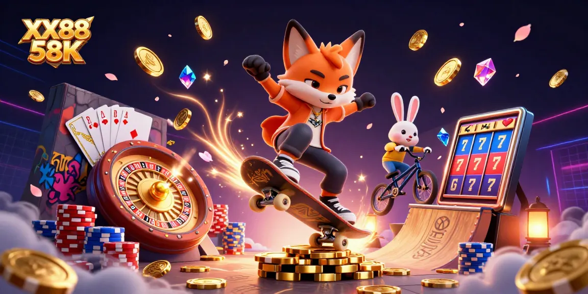 Experience the thrill of XX88 58K with a vibrant 3D casino illustration featuring playful characters and casino elements.