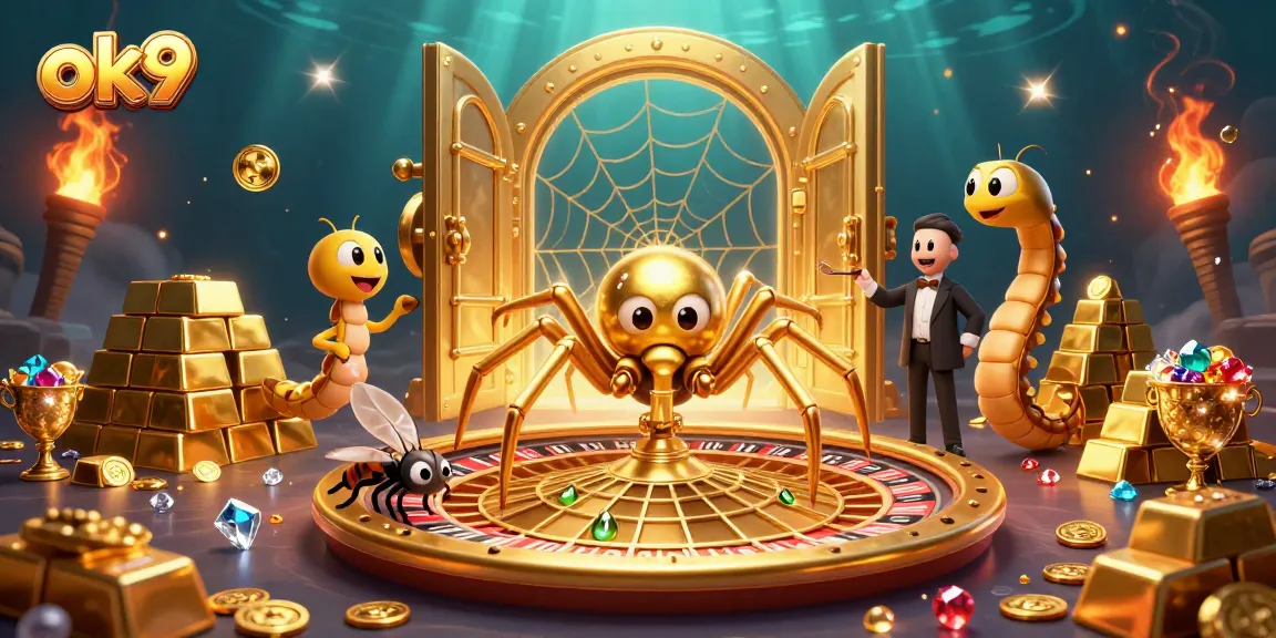 Experience thrilling gambling with ok9 as a golden spider spins a roulette web in a vibrant 3D scene.