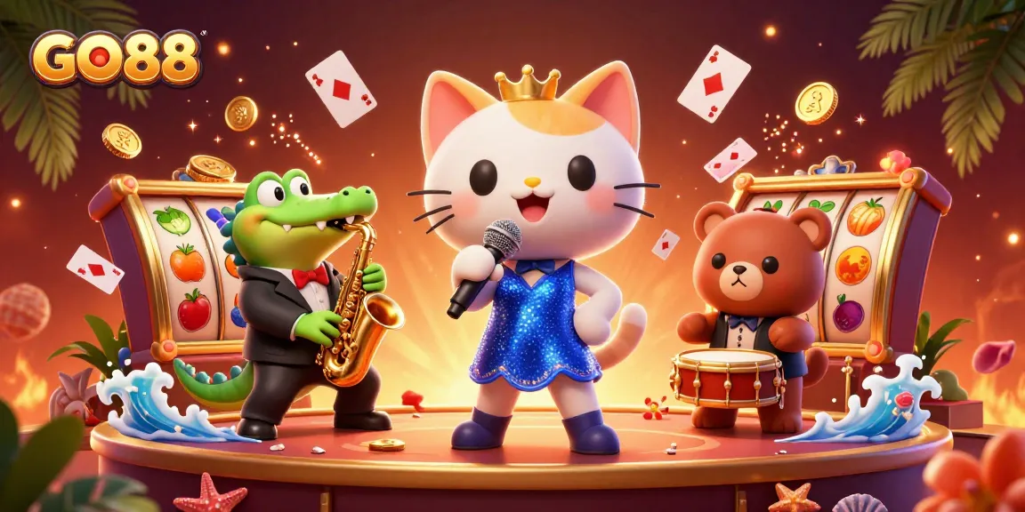 Exciting GO88 casino scene with characters enjoying slots, cards, and vibrant golden elements.