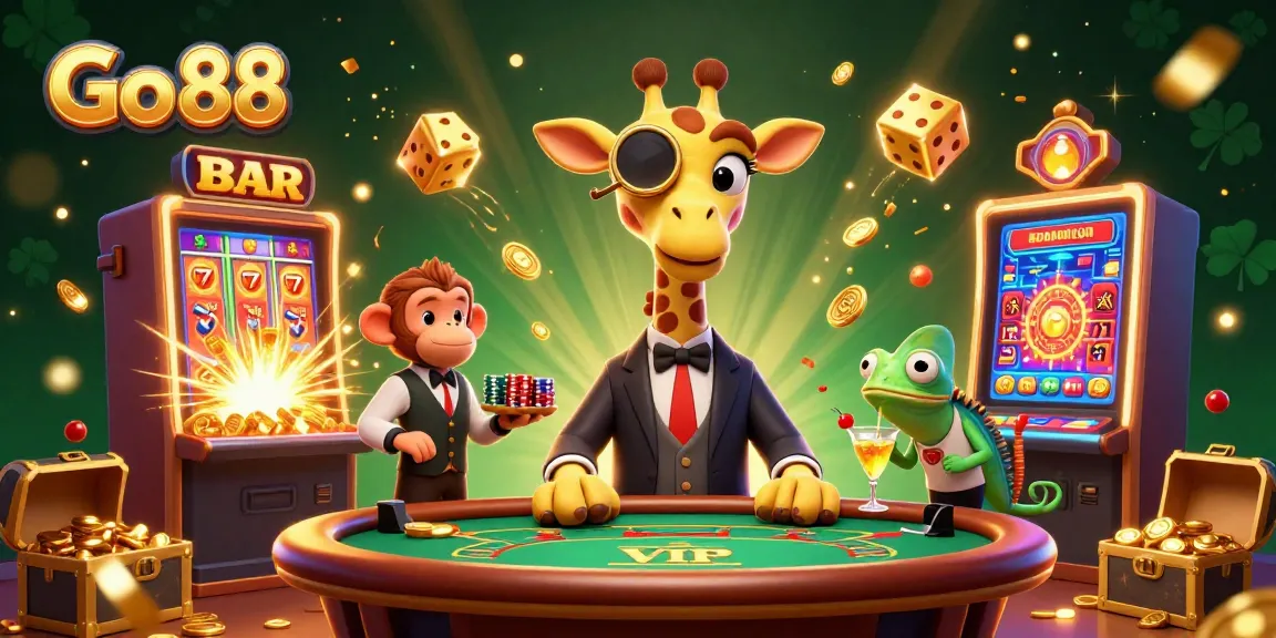 Experience Go 88 gaming excitement with animated characters at a vibrant casino scene.