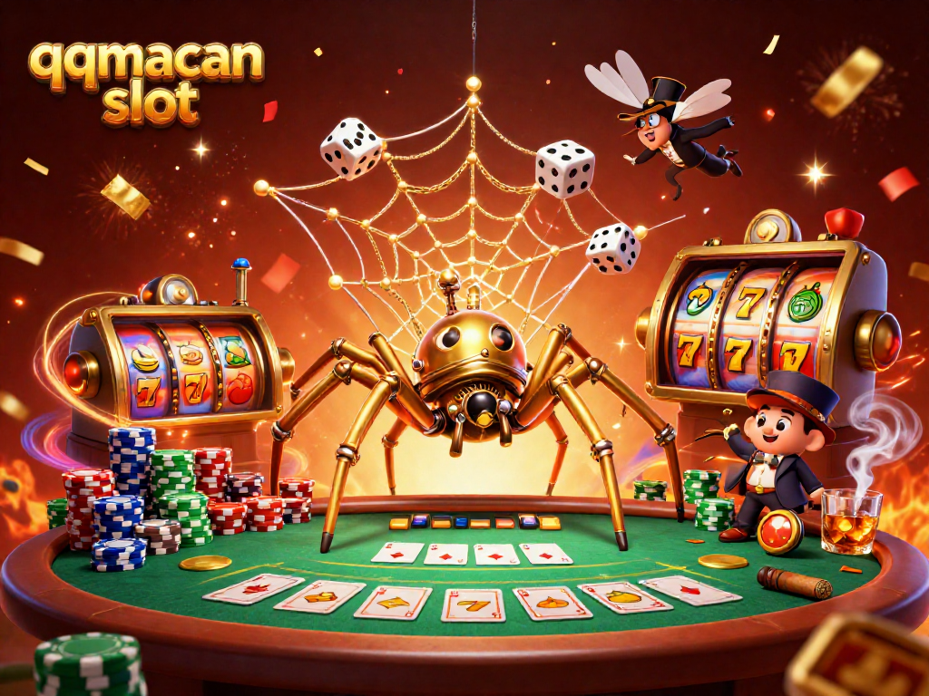Experience the excitement of qqmacan slot with a 3D steampunk spider and vibrant casino elements.