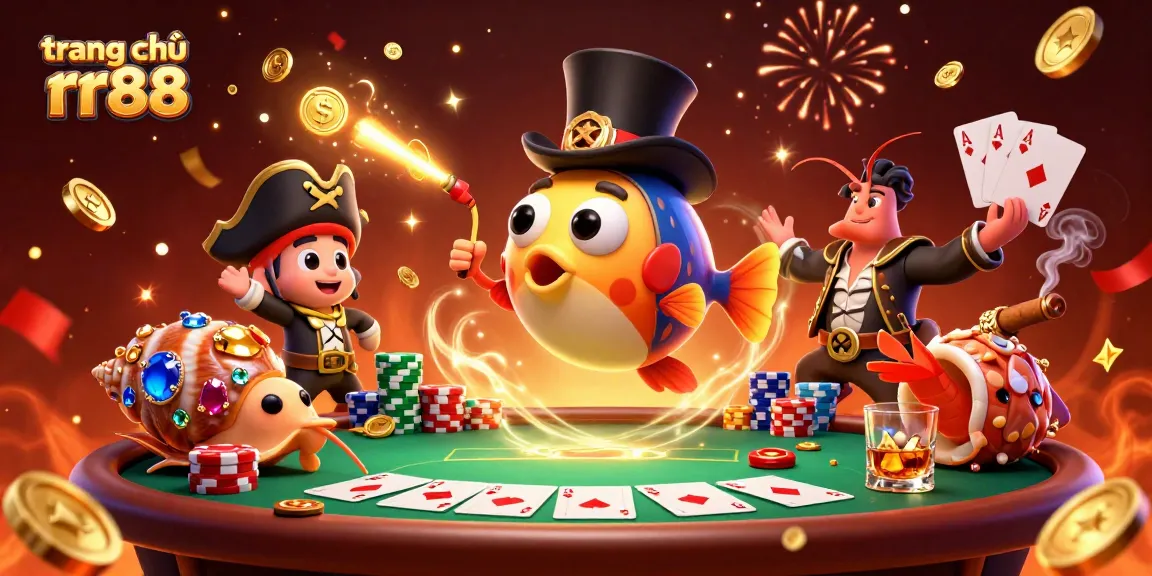 Experience the vibrant atmosphere of trang chủ rr88 with a dynamic casino illustration featuring celebrated characters and poker elements.