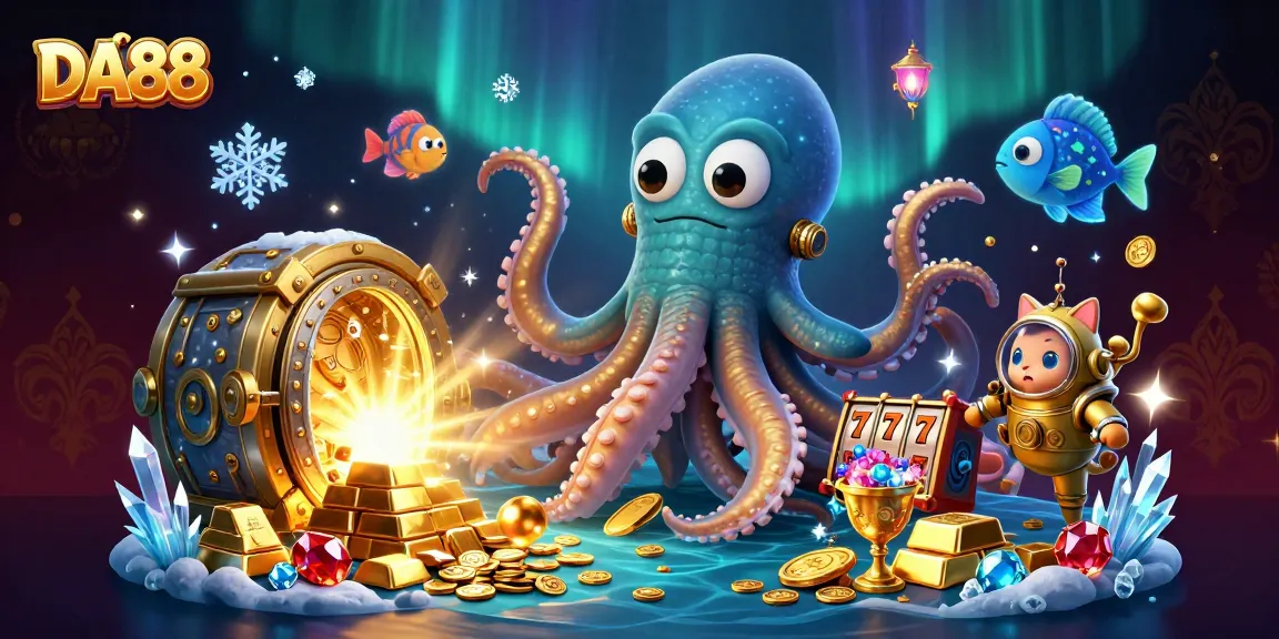 Engaging 3D illustration of DA88 showcasing a kraken, diving cat, and glowing fish among casino treasures.