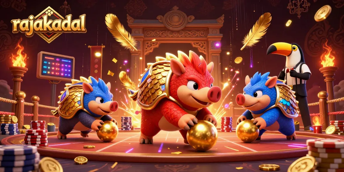 Permainan rajakadal dengan pangolin berwarna merah dan biru, dikelilingi uang dan chip poker.