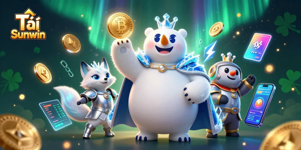 Tải Sunwin and experience thrilling gaming adventures with the ice king polar bear and silver fox in this vibrant illustration.
