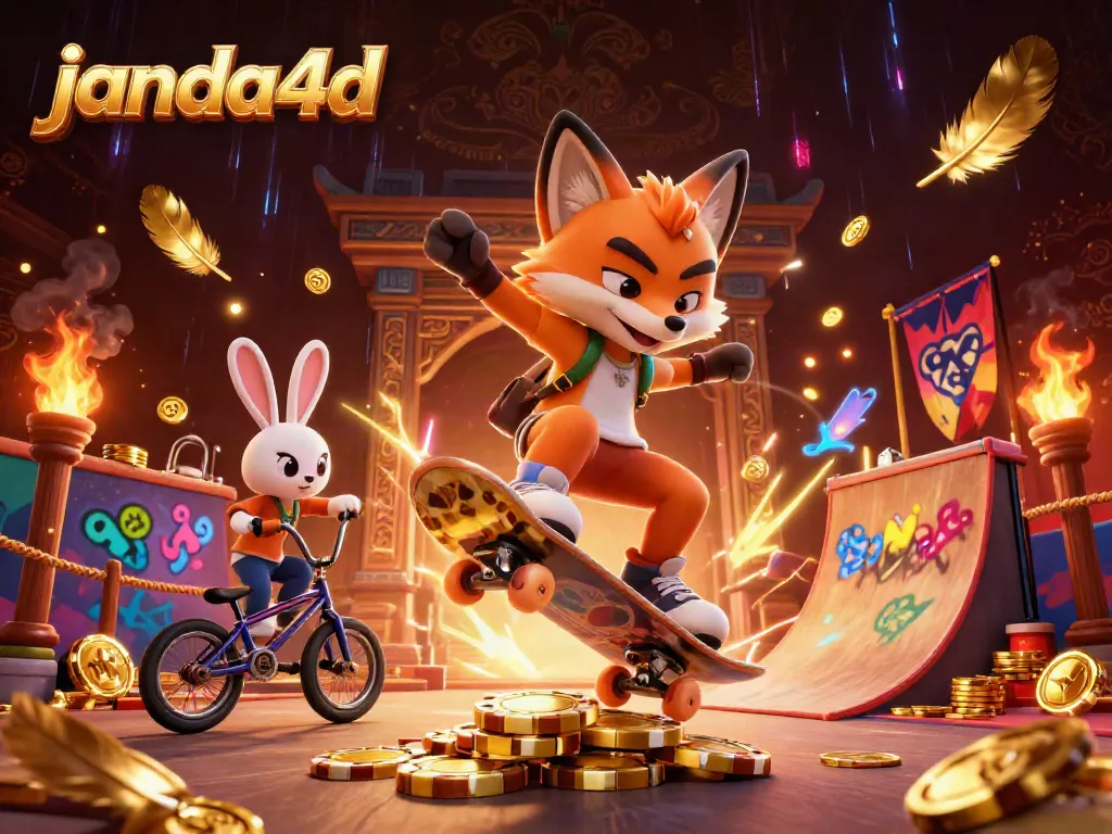 JANDA4D menghadirkan ilustrasi kasino yang kaya warna dengan fox dan kelinci di lingkungan permainan.