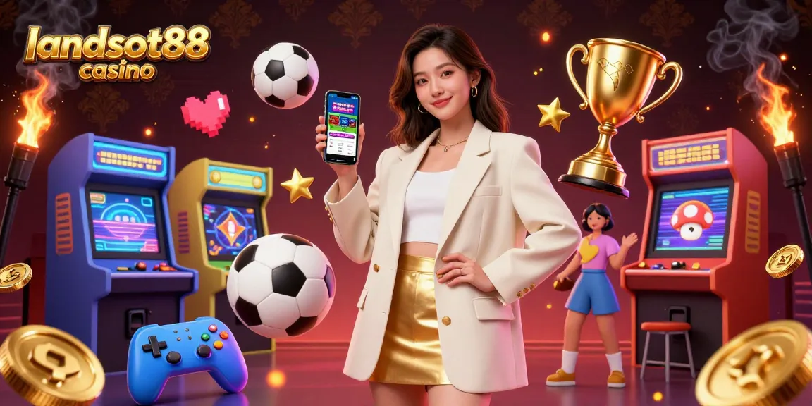 Engage with landslot88 casino through a vibrant scene of exciting online gaming elements and a friendly player.