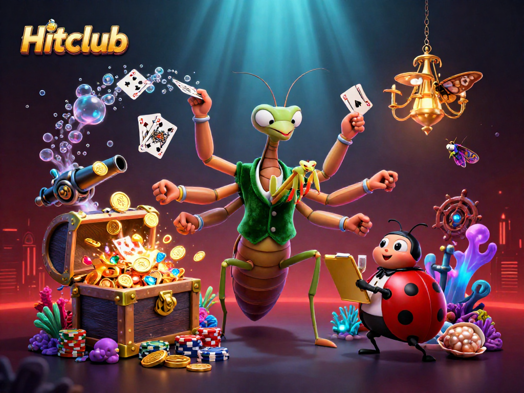 Hitclub characters engage in casino activities surrounded by dazzling treasures.