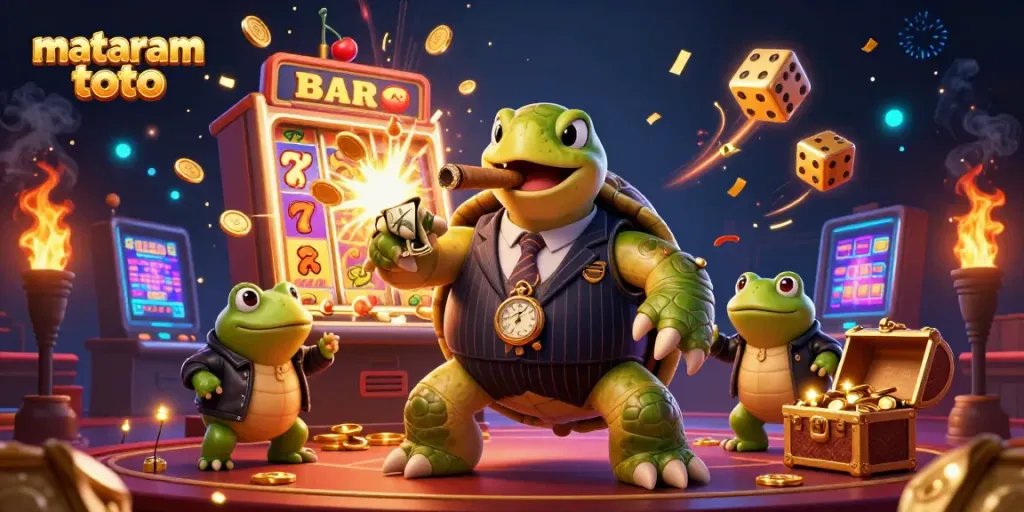 Engaging mataram toto illustration featuring a dramatic scene of a mobster turtle and bullfrog enforcers amidst jackpot excitement.