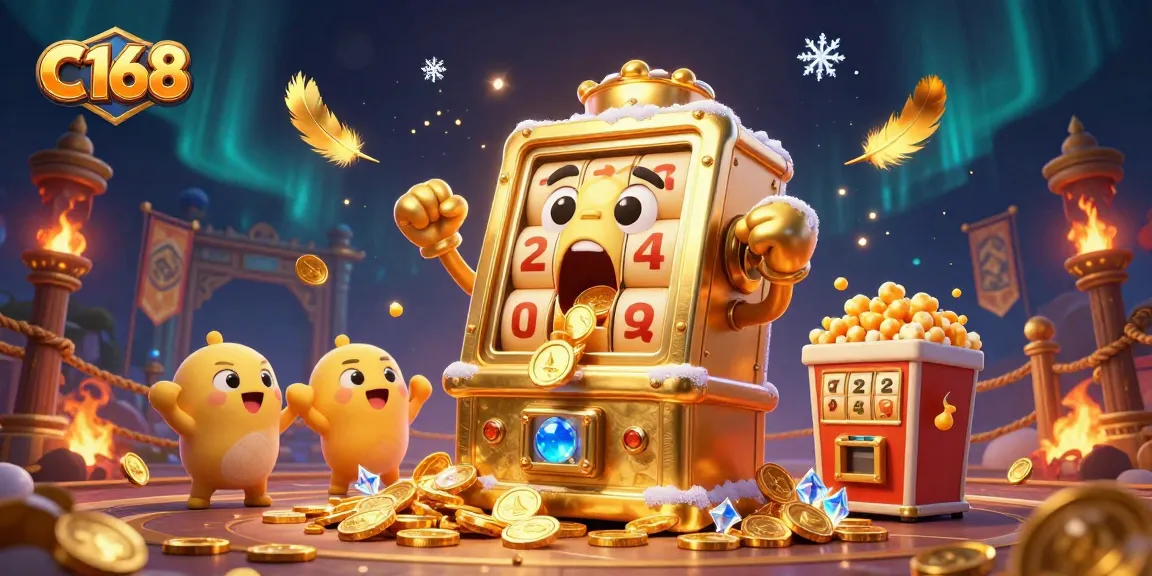 C168 reveals its thrilling jackpot excitement with golden slot machines pouring coins amidst a vibrant casino atmosphere