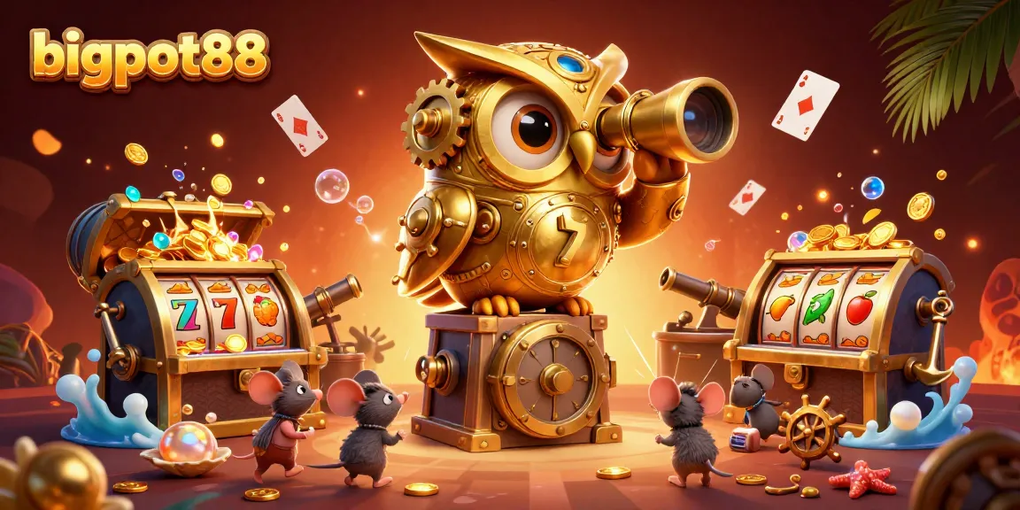 Experience bigpot88's excitement with a golden owl overseeing the lively casino floor.