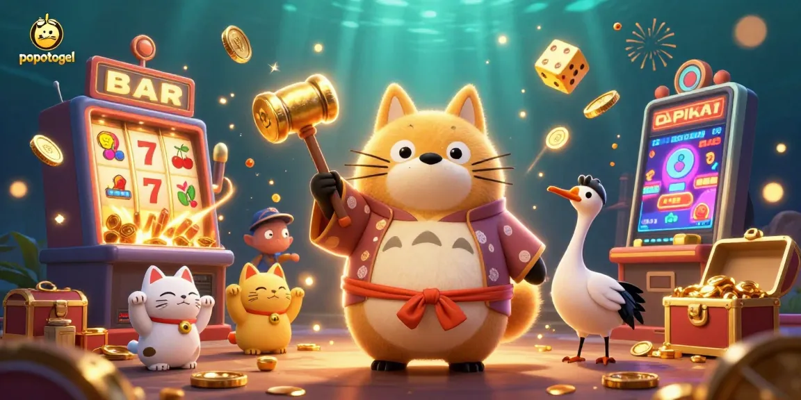 Engage with popotogel's thrilling casino experience featuring dynamic slot machines and colorful characters.