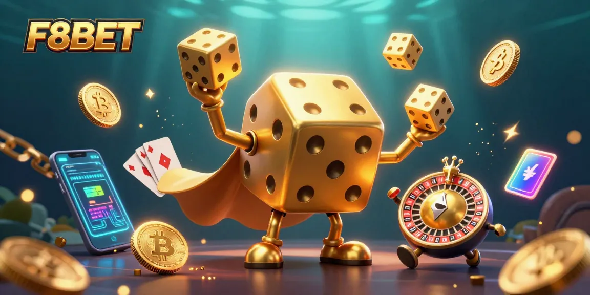 Experience F8BET's vibrant casino scene with golden dice, crypto coins, and dazzling lights.